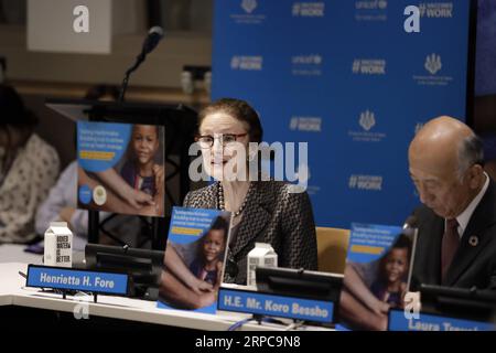 (190628) -- NAZIONI UNITE, 28 giugno 2019 -- Henrietta Fore (C), direttore esecutivo del Fondo delle Nazioni Unite per l'infanzia (UNICEF), affronta una discussione sulla disinformazione sui vaccini e la crescente sfiducia, presso la sede delle Nazioni Unite a New York, il 28 giugno 2019. Henrietta Fore venerdì ha messo in guardia contro la disinformazione sui vaccini e sui programmi di vaccinazione, invitando la comunità internazionale a lavorare insieme per combatterla. ) Un-UNICEF-VACCINATION-MISINFORMATION LixMuzi PUBLICATIONxNOTxINxCHN Foto Stock