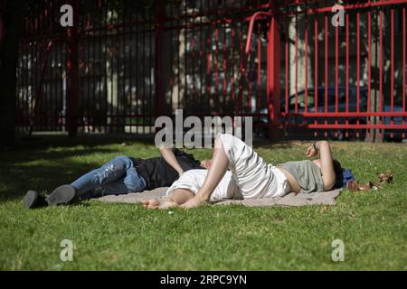 (190629) -- LILLE, 29 giugno 2019 -- le persone riposano sull'erba a Lille, Francia, 28 giugno 2019. Le temperature in Francia hanno raggiunto i 45 gradi Celsius venerdì per la prima volta dall'inizio delle misurazioni della temperatura, secondo Meteo France. Mentre l'ondata di calore raggiunge un picco eccezionale di calore venerdì, ha avvertito Meteo France, molti record di temperatura assoluta potrebbero essere superati. S¨¦bastien Courdji) FRANCIA-TEMPO-ONDATA DI CALORE GaoxJing PUBLICATIONxNOTxINxCHN Foto Stock