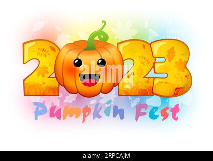 Banner festivo Pumpkin Fest. Ciao, idea di design numero autunno 2023. Auguri per il festival del raccolto. Stile di testo creativo. Biglietto d'auguri. Foglie autunnali. Illustrazione Vettoriale