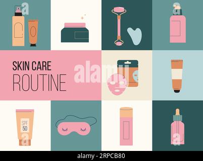 Illustrazioni dei prodotti per la cura della pelle, routine per la cura della pelle. Crema, lozione, maschera, crema per gli occhi e crema solare Illustrazione Vettoriale