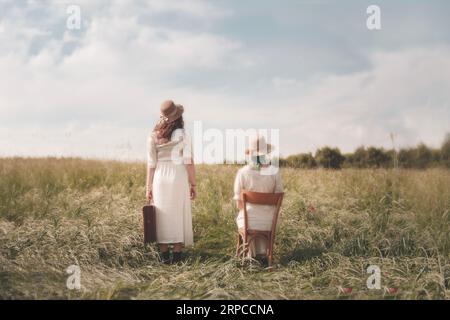 contrasto surreale tra una donna che parte per un viaggio e l'altra che rimane seduta, concetto astratto Foto Stock