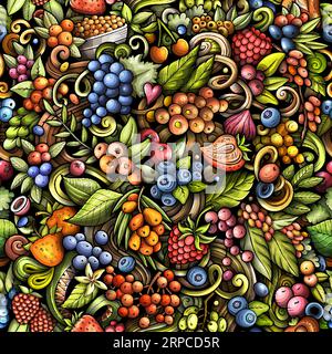 Gli scarabocchi vettoriali dei cartoni animati sul tema del motivo senza cuciture Berry Fruits presentano una varietà di oggetti e simboli di bacche. Bizzarro giocoso colorato b Illustrazione Vettoriale