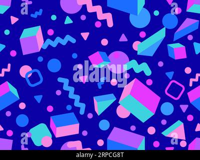 Motivo geometrico senza cuciture con 3D forme in stile memphis 80s. Forme geometriche isometriche. Sfondo colorato per prodotti promozionali, wrapp Illustrazione Vettoriale