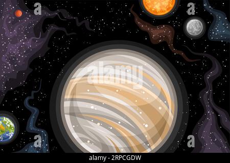 Vector Fantasy Space Chart, poster astronomico orizzontale con cartoni animati Venere rotante e vari pianeti del sistema solare nello spazio profondo, arredamento Illustrazione Vettoriale