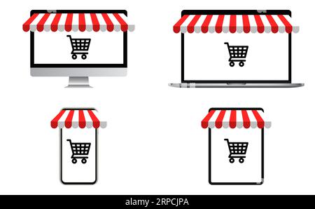 Shopping online su computer laptop telefono e tablet Illustrazione Vettoriale