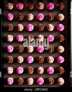 Muffin colorati in una fabbrica. Linea di produzione automatizzata. Dolciumi Foto Stock