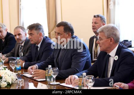 (190708) -- SARAJEVO, 8 luglio 2019 (Xinhua) -- Presidente della Presidenza della Bosnia-Erzegovina Milorad Dodik (3rd R), membri della Presidenza della BiH Zeljko Komsic (3rd L) e Sefik Dzaferovic (1st R) incontrano il Presidente turco Recep Tayyip Erdogan (non nella foto) a Sarajevo, Bosnia-Erzegovina, l'8 luglio 2019. Recep Tayyip Erdogan ha sottolineato qui lunedì che il suo paese continuerà a fornire sostegno per preservare la stabilità, la pace e la prosperità della Bosnia-Erzegovina. (Xinhua/Nedim Grabovica) BOSNIA-ERZEGOVINA-SARAJEVO-TURCHIA-PRESIDENTE-VISITA PUBLICATIONxNOTxINxCH Foto Stock