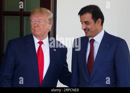 (190709) -- WASHINGTON, 9 luglio 2019 (Xinhua) -- il presidente degli Stati Uniti Donald Trump (L) dà il benvenuto all'emiro del Qatar Tamim bin Hamad al-Thani alla Casa Bianca di Washington D.C., negli Stati Uniti, il 9 luglio 2019. (Xinhua/Ting Shen) U.S.-WASHINGTON D.C.-TRUMP-QATAR-EMIR-MEETING PUBLICATIONxNOTxINxCHN Foto Stock