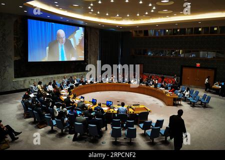 (190709) -- NAZIONI UNITE, 9 luglio 2019 -- Yury Fedotov (sullo schermo), direttore esecutivo dell'Ufficio delle Nazioni Unite per la droga e il crimine (UNODC), presenta un dibattito aperto del Consiglio di sicurezza delle Nazioni Unite sul collegamento tra terrorismo internazionale e criminalità organizzata, presso la sede delle Nazioni Unite a New York, 9 luglio 2019. ) DIBATTITO APERTO DEL CONSIGLIO DI SICUREZZA DELLE NAZIONI UNITE CONTRO IL TERRORISMO LIXMUZI PUBLICATIONXNOTXINXCHN Foto Stock