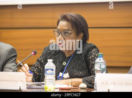 (190709) -- GINEVRA, 9 luglio 2019 -- Margarida Rosa da Silva Izata, Rappresentante permanente dell'Angola presso l'Ufficio delle Nazioni Unite a Ginevra (UNOG), parla ad un evento collaterale durante la 41a sessione del Consiglio dei diritti umani delle Nazioni Unite (HRC), co-sponsorizzato dal gruppo africano dell'UNOG e dalla missione permanente della Cina, a Ginevra, in Svizzera, il 9 luglio 2019. Cina e Africa si sono unite martedì per discutere il contributo dello sviluppo al godimento di tutti i diritti umani presso la sede europea delle Nazioni Unite. ) SVIZZERA-GINEVRA-CINA-AFRICA-HRC XuxJinquan PUBLICATIONxNOTxINxCHN Foto Stock