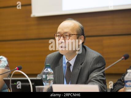 (190709) -- GINEVRA, 9 luglio 2019 -- Chen Xu, rappresentante permanente della Cina presso l'Ufficio delle Nazioni Unite a Ginevra (UNOG), interviene a un evento collaterale durante la 41a sessione del Consiglio dei diritti umani delle Nazioni Unite (HRC), co-sponsorizzato dal gruppo africano dell'UNOG e dalla missione permanente della Cina, a Ginevra, in Svizzera, il 9 luglio 2019. Cina e Africa si sono unite martedì per discutere il contributo dello sviluppo al godimento di tutti i diritti umani presso la sede europea delle Nazioni Unite. ) SVIZZERA-GINEVRA-CINA-AFRICA-HRC XuxJinquan PUBLICATIONxNOTxINxCHN Foto Stock