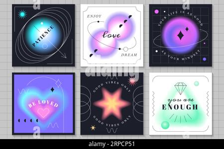 Set di post trendy per sfumature di sfocatura per i social media. Collezione di striscioni vintage y2k color pastello con forme geometriche sfocate. Volantini di elementi estetici aura forme diverse con effetto sfocatura. Illustrazione Vettoriale