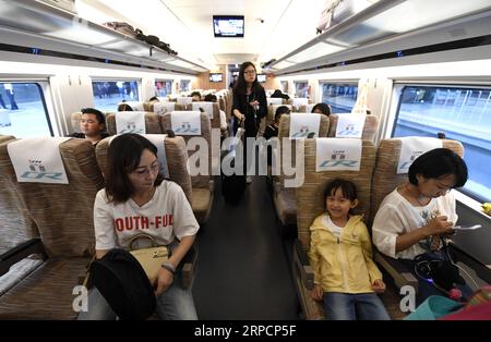 (190710) -- TIANJIN, 10 luglio 2019 -- i passeggeri sono visti sul treno G305 alla stazione ferroviaria di Tianjin Ovest, nel nord della Cina, a Tianjin, il 10 luglio 2019. Trasportando più di 1.100 passeggeri, il treno ad alta velocità G305 partì da Tianjin alle 10:58, e arriverà alla stazione di Hong Kong West Kowloon circa 10 ore dopo, secondo le autorità ferroviarie di Tianjin. Il percorso lungo 2.450 km passerà attraverso diverse stazioni, tra cui la stazione Baiyangdian nella nuova area di Xiongan. Un posto di seconda classe per il giro di 10 ore costerà 1.092,5 yuan (circa 159 dollari USA). Xing Guangli) CHINA-TIANJIN-BULLET TRAI Foto Stock