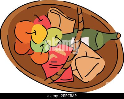 Cestino da picnic con cibo, frutta e bevande. pasto Illustrazione Vettoriale