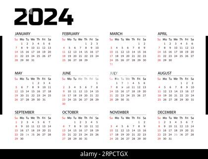 Calendario tascabile orizzontale su 2024 anni. Calendario dei modelli vettoriali per le aziende su sfondo bianco. La settimana inizia dalla domenica. Illustrazione Vettoriale