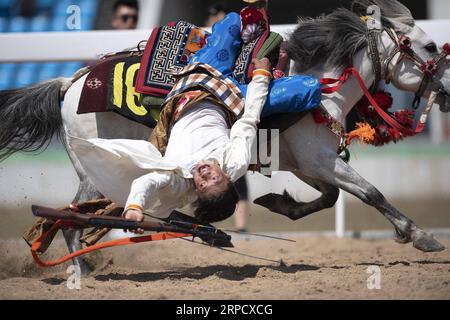 (190715) -- PECHINO, 15 luglio 2019 (Xinhua) -- Un concorrente si esibisce a cavallo a Hohhot, nella regione autonoma della Mongolia interna della Cina settentrionale, 14 luglio 2019. (Xinhua/Sadat) XINHUA FOTO DEL GIORNO PUBLICATIONxNOTxINxCHN Foto Stock