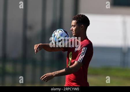 Cardiff, Regno Unito. 4 settembre 2023. Brennan Johnson del Galles durante l'allenamento della squadra di calcio del Galles a Hensol, vale of Glamorgan nel Galles del Sud lunedì 4 settembre 2023. foto di Andrew Orchard/Andrew Orchard fotografia sportiva/ Alamy Live News Credit: Andrew Orchard fotografia sportiva/Alamy Live News Foto Stock