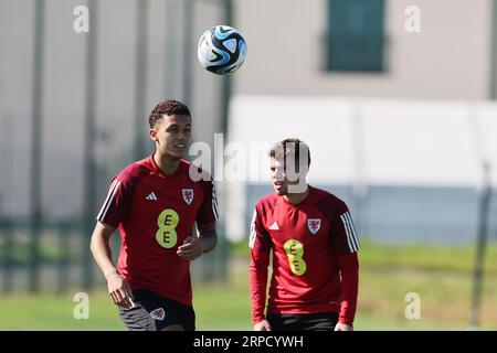 Cardiff, Regno Unito. 4 settembre 2023. Brennan Johnson del Galles durante l'allenamento della squadra di calcio del Galles a Hensol, vale of Glamorgan nel Galles del Sud lunedì 4 settembre 2023. foto di Andrew Orchard/Andrew Orchard fotografia sportiva/ Alamy Live News Credit: Andrew Orchard fotografia sportiva/Alamy Live News Foto Stock