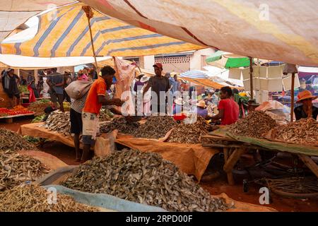 Mandoto, Madagascar - Novembre 9. 2022 - l'uomo malgascio compra pesce secco in un mercato di strada. La pesca è uno dei mezzi di sussistenza in Madagascar. Foto Stock