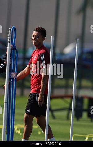 Cardiff, Regno Unito. 4 settembre 2023. Brennan Johnson del Galles durante l'allenamento della squadra di calcio del Galles a Hensol, vale of Glamorgan nel Galles del Sud lunedì 4 settembre 2023. foto di Andrew Orchard/Andrew Orchard fotografia sportiva/ Alamy Live News Credit: Andrew Orchard fotografia sportiva/Alamy Live News Foto Stock