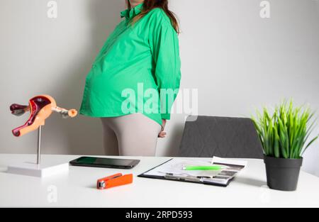 Ragazza incinta in una camicetta verde nell'ufficio di un ginecologo ostetrico. Il concetto di dolore pelvico cronico e disfunzione ovarica in gravidanza Foto Stock