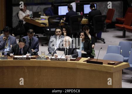 (190723) -- NAZIONI UNITE, 23 luglio 2019 -- Riyad Mansour (R, fronte), Permanent Observer of Palestine to the United Nations, si rivolge a una riunione del Consiglio di sicurezza sul Medio Oriente, presso la sede delle Nazioni Unite a New York, 23 luglio 2019. Martedì, il capo degli affari politici delle Nazioni Unite ha chiesto misure temporanee per affrontare la crisi fiscale dell'Autorità palestinese (PA). LIXMUZI PUBLICATIONXNOTXINXCHN, CRISI FISCALE DEL CONSIGLIO DI SICUREZZA DELLE NAZIONI UNITE, MEDIO ORIENTE, AUTORITÀ PALESTINESE Foto Stock