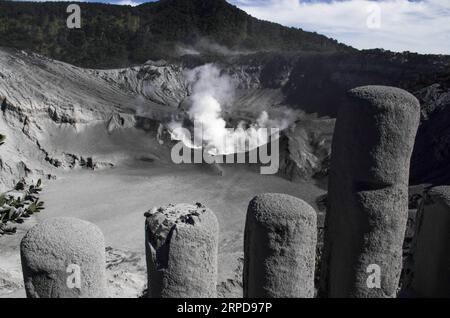 (190727) -- GIAVA OCCIDENTALE, 27 luglio 2019 -- fumo spezzato dal cratere del Monte Tangkuban Parahu è visto dopo l'eruzione a Subang, Giava Occidentale, Indonesia, 27 luglio 2019. Popolare destinazione del vulcano Tangkuban Parahu nella provincia di Giava Occidentale in Indonesia eruttato il venerdì pomeriggio, con cenere vulcanica a 200 metri di altezza. (Foto di /Xinhua) INDONESIA-WEST JAVA-MOUNT TANGKUBAN PARAHU-AFTER ERUPTION Syarif PUBLICATIONxNOTxINxCHN Foto Stock