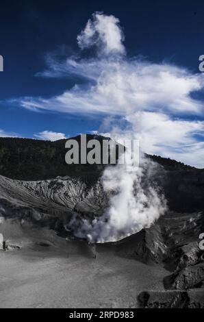 (190727) -- GIAVA OCCIDENTALE, 27 luglio 2019 -- fumo spezzato dal cratere del Monte Tangkuban Parahu è visto dopo l'eruzione a Subang, Giava Occidentale, Indonesia, 27 luglio 2019. Popolare destinazione del vulcano Tangkuban Parahu nella provincia di Giava Occidentale in Indonesia eruttato il venerdì pomeriggio, con cenere vulcanica a 200 metri di altezza. (Foto di /Xinhua) INDONESIA-WEST JAVA-MOUNT TANGKUBAN PARAHU-AFTER ERUPTION Syarif PUBLICATIONxNOTxINxCHN Foto Stock