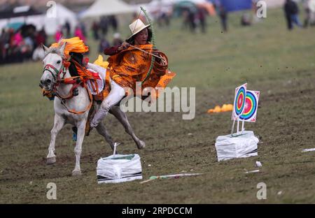 (190731) -- LITANG, 31 luglio 2019 -- Un cavaliere esegue equitazione durante un festival di corse di cavalli nella contea di Litang, nella provincia del Sichuan della Cina sud-occidentale, 30 luglio 2019. ) CHINA-SICHUAN-HORSE RACING FESTIVAL (CN) JIANGXHONGJING PUBLICATIONXNOTXINXCHN Foto Stock