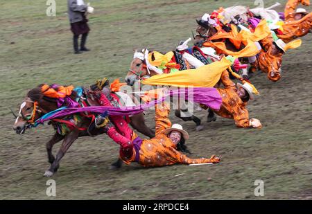 (190731) -- LITANG, 31 luglio 2019 -- i cavalieri si esibiscono a cavallo durante un festival di corse di cavalli nella contea di Litang, nella provincia del Sichuan della Cina sud-occidentale, 30 luglio 2019. ) CHINA-SICHUAN-HORSE RACING FESTIVAL (CN) JIANGXHONGJING PUBLICATIONXNOTXINXCHN Foto Stock