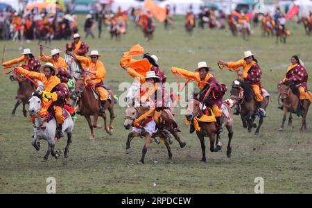 (190731) -- LITANG, 31 luglio 2019 -- i cavalieri si esibiscono a cavallo durante un festival di corse di cavalli nella contea di Litang, nella provincia del Sichuan della Cina sud-occidentale, 30 luglio 2019. ) CHINA-SICHUAN-HORSE RACING FESTIVAL (CN) JIANGXHONGJING PUBLICATIONXNOTXINXCHN Foto Stock