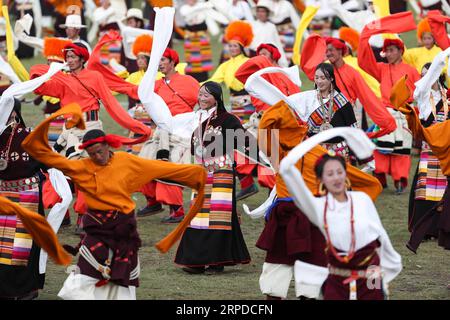 (190731) -- LITANG, 31 luglio 2019 -- la gente esegue la danza Guozhuang, o danza tibetana del falò, nella cerimonia di apertura di un festival di corse di cavalli nella contea di Litang, nella provincia del Sichuan della Cina sud-occidentale, 30 luglio 2019. ) CHINA-SICHUAN-HORSE RACING FESTIVAL (CN) JIANGXHONGJING PUBLICATIONXNOTXINXCHN Foto Stock