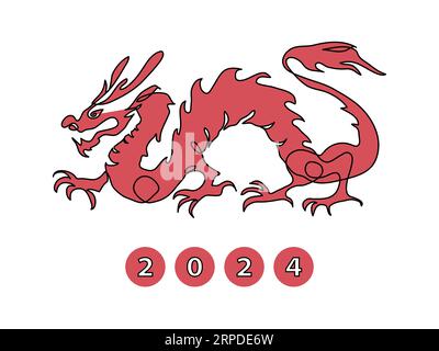 Drago cinese anno 2024, illustrazione vettoriale. Un disegno a linee continue di drago rosso Illustrazione Vettoriale