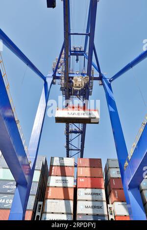 (190802) - WALVIS BAY (NAMIBIA), 2 agosto 2019 -- i container sono visti nel nuovo terminal container a Walvis Bay, Namibia, 2 agosto 2019. La ricerca della Namibia per diventare un centro commerciale internazionale e il gateway è progredito ulteriormente venerdì con l'inaugurazione ufficiale del nuovo terminal container da 400 milioni di dollari del paese nella baia di Walvis da parte del presidente della contea Hage Geingob. Il nuovo terminal container situato nella città portuale di Walvis Bay è stato costruito su 40 ettari di terreno recuperato dal mare dalla China Harbor Engineering Company Ltd (CHEC) in soli cinque anni. ) PER ANDARE CON LA costruzione cinese Foto Stock