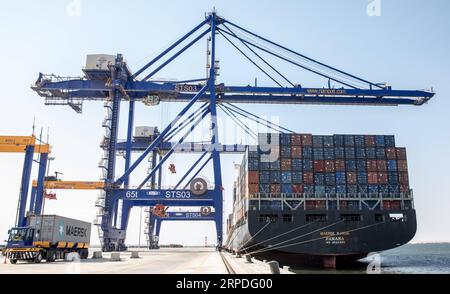 190802 -- WALVIS BAY NAMIBIA, 2 agosto 2019 -- i container sono visti su una nave nel nuovo terminal container a Walvis Bay, Namibia, 2 agosto 2019. La ricerca della Namibia per diventare un centro commerciale internazionale e il gateway è progredito ulteriormente venerdì con l'inaugurazione ufficiale del nuovo terminal container da 400 milioni di dollari del paese nella baia di Walvis da parte del presidente della contea Hage Geingob. Il nuovo terminal container situato nella città portuale di Walvis Bay è stato costruito su 40 ettari di terreno recuperato dal mare dalla China Harbor Engineering Company Ltd CHEC in soli cinque anni. PER ANDARE CON IL CINESE- Foto Stock