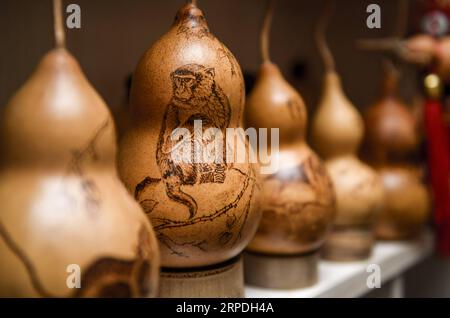 (190804) -- CHANGCHUN, 4 agosto 2019 -- foto scattata il 4 agosto 2019 mostra alcune opere pirografiche di bue di Wang Hongmiao a Changchun, nella provincia di Jilin della Cina nordorientale. Wang Hongmiao, un artigiano autodidatta di 57 anni, ha realizzato oltre 1.000 oggetti artigianali pirografici di zucca con figure storiche, fiabe, piante, animali e insetti negli ultimi dieci anni. La pirografia della zucca è un'arte di decorare la zucca bruciando un disegno grafico sulla superficie con strumenti riscaldati. ) CHINA-JILIN-CHANGCHUN-GOURD-PYROGRAPHY (CN) XUXCHANG PUBLICATIONXNOTXINXCHN Foto Stock