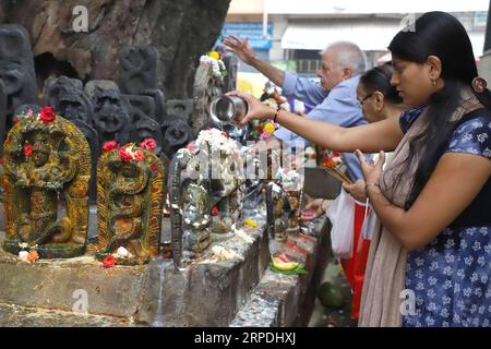 (190805) -- BANGALORE, 5 agosto 2019 (Xinhua) -- i devoti indù indiani offrono preghiere in un tempio di serpenti durante il Nag Panchami festival, un festival dedicato al culto dei serpenti, a Bangalore, India, 5 agosto 2019. (Foto di Kashif Masood/Xinhua) INDIA-BANGALORE-NAG PANCHAMI FESTIVAL PUBLICATIONxNOTxINxCHN Foto Stock