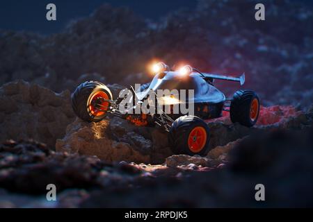 Auto telecomandata in piedi sulle rocce durante la notte. Passo della fotocamera. Foto Stock