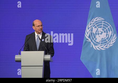 (190807) -- SINGAPORE, 7 agosto 2019 (Xinhua) -- Stephen Mathias, assistente segretario generale per gli affari giuridici delle Nazioni Unite, parla alla cerimonia e conferenza di firma della Convenzione di Singapore tenutasi a Singapore, 7 agosto 2019. Circa 46 paesi, tra cui la Cina e gli Stati Uniti, hanno firmato qui mercoledì una convenzione delle Nazioni Unite sulla mediazione, che prende il nome da Singapore e che mira a promuovere la mediazione come altro mezzo per risolvere le controversie commerciali internazionali. La Convenzione delle Nazioni Unite sugli accordi internazionali di composizione risultante dalla mediazione, nota anche come sin Foto Stock