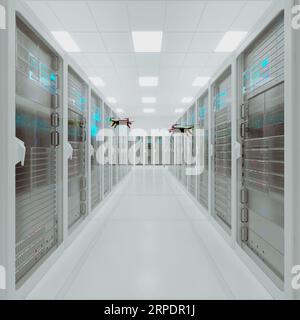 Animazione Loopable con server di scansione drone funzionanti in un ambiente buio Render 4K Foto Stock