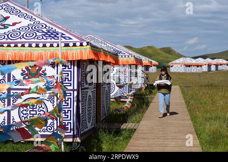 (190813) -- GANNAN, 13 agosto 2019 -- Un membro del personale si prepara a camere ordinate di un punto panoramico di una tenda nel villaggio di Gaxiu di Gahai Township, contea di Luqu, prefettura autonoma tibetana di Gannan, provincia del Gansu della Cina nord-occidentale, 13 agosto 2019. Negli ultimi anni, Gannan ha promosso la cultura e l'industria turistica per aumentare il reddito della popolazione locale. ) CHINA-GANSU-GANNAN-TOURISM (CN) MaxJing PUBLICATIONxNOTxINxCHN Foto Stock