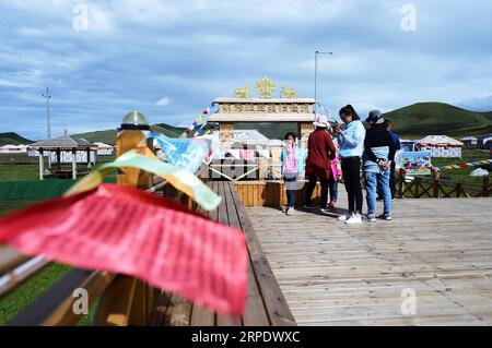 (190813) -- GANNAN, 13 agosto 2019 -- i turisti visitano un punto panoramico della tenda presso il villaggio di Gaxiu di Gahai Township, Luqu County, Gannan Tibetan Autonomous Prefecture, provincia del Gansu nel nord-ovest della Cina, 13 agosto 2019. Negli ultimi anni, Gannan ha promosso la cultura e l'industria turistica per aumentare il reddito della popolazione locale. ) CHINA-GANSU-GANNAN-TOURISM (CN) ZhaoxDingzhe PUBLICATIONxNOTxINxCHN Foto Stock