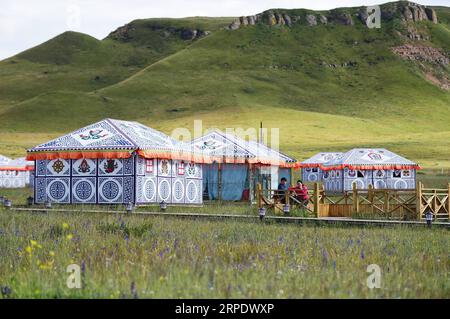 (190813) -- GANNAN, 13 agosto 2019 -- i turisti sono visti in un punto panoramico della tenda presso il villaggio di Gaxiu di Gahai Township, Luqu County, Gannan Tibetan Autonomous Prefecture, provincia del Gansu della Cina nord-occidentale, 13 agosto 2019. Negli ultimi anni, Gannan ha promosso la cultura e l'industria turistica per aumentare il reddito della popolazione locale. ) CHINA-GANSU-GANNAN-TOURISM (CN) ZhaoxDingzhe PUBLICATIONxNOTxINxCHN Foto Stock