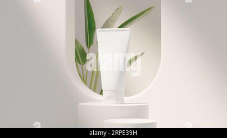 Tubo crema per prodotti di bellezza su podio bianco. Prodotto cosmetico per la cura della pelle. rendering 3d. Foto Stock
