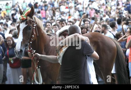 (190817) -- SIENA, 17 agosto 2019 -- i membri della Selva (quartiere forestale) festeggiano dopo che il loro cavallo Remorex ha vinto il Palio senza il suo fantino a Siena, 16 agosto 2019. La tradizionale corsa di cavalli Palio si svolge ogni luglio e agosto nella storica città italiana di Siena. (SP)ITALIA-SIENA-IPPODROMO-PALIO CHENGXTINGTING PUBLICATIONXNOTXINXCHN Foto Stock