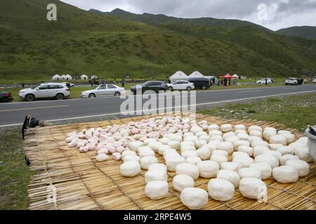 (190818) -- URUMQI, 18 agosto 2019 -- snack a base di latte solido sono messi in vendita dall'autostrada Dushanzi-Kuqa, regione autonoma di Xinjiang Uygur, nella Cina nord-occidentale, 17 agosto 2019. La sezione Dushanzi-Kuqa della National Highway 217 attraversa vari paesaggi naturali, tra cui ghiacciai, laghi, foreste e praterie, che lo rendono un popolare percorso di viaggio tra viaggiatori che viaggiano da soli, appassionati di ciclismo e escursionisti. ) CHINA-XINJIANG-DUSHANZI-KUPA HIGHWAY-SCENIC (CN) LIXPENG PUBLICATIONXNOTXINXCHN Foto Stock