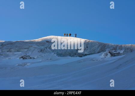 Alpinisti sul crinale che scalano il ghiacciaio del Gran Paradiso fino alla cima della montagna. cielo blu e ombre, cresta e alpinisti sotto il sole. Foto Stock