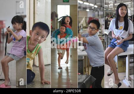 (190818) -- PECHINO, 18 agosto 2019 -- mostre di foto combinate senza data (da L a R) Wang Jingjing nella classe superiore in un asilo, Congcong nella classe media in un asilo, Lu Changli e Lu Penghan, Sesta elementare Zhang Yu, Liu lei, settima elementare, presso il laboratorio di una fabbrica di abbigliamento a Shishi, nella provincia del Fujian della Cina sud-orientale. Quest'estate il caldo rovente sta travolgendo Shishi del Fujian del sud-est della Cina, lasciando pochi passi sulle strade solitamente trafficate. Al contrario, le fabbriche di abbigliamento, che sono densamente punteggiate in città, sono affollate di persone che lo sono state Foto Stock