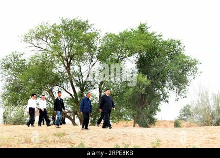 (190821) -- WUWEI, 21 agosto 2019 -- il presidente cinese Xi Jinping, anche segretario generale del Comitato centrale del Partito Comunista Cinese e presidente della Commissione militare centrale, ispeziona la Babusha Forest Farm, un programma di imboschimento in una zona desertica del Gansu, dove viene a conoscenza degli ultimi sviluppi nel controllo della desertificazione e della protezione ambientale, nella contea di Gulang della città di Wuwei, nella provincia del Gansu della Cina nord-occidentale, 21 agosto 2019. ) CHINA-GANSU-WUWEI-XI JINPING-INSPECTION (CN) XIEXHUANCHI PUBLICATIONXNOTXINXCHN Foto Stock