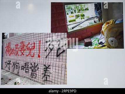 (190823) -- HONG KONG, 23 agosto 2019 -- le fotografie presentate da Swalikh Mohammed, sovrintendente del Cyber Security and Technology Crime Bureau della polizia di Hong Kong, mostrano prove di minacce contro la polizia di Hong Kong durante una conferenza stampa a Hong Kong, 22 agosto 2019. La polizia di Hong Kong ha detto giovedì che i dati personali di un totale di 1.614 agenti di polizia e dei loro familiari sono stati divulgati illegalmente online da giugno. ) CINA-HONG KONG-POLIZIA-CONFERENZA STAMPA (CN) LUXHANXIN PUBLICATIONXNOTXINXCHN Foto Stock